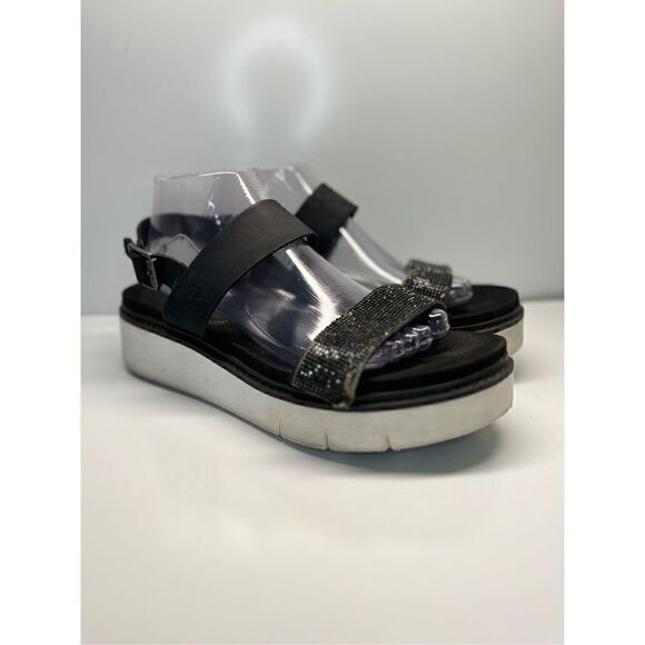 TIMBERLAND BLACK LEATHER  PLATFORM WEDGE SANDALS SIZE 9 (L6) - Picture 1 of 12